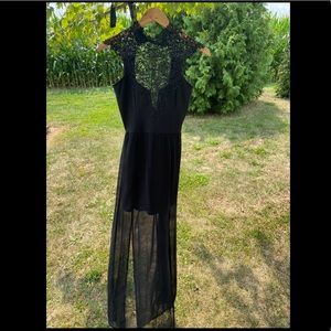 SOLEMIO - black lace/sheer bottom tie back dress S